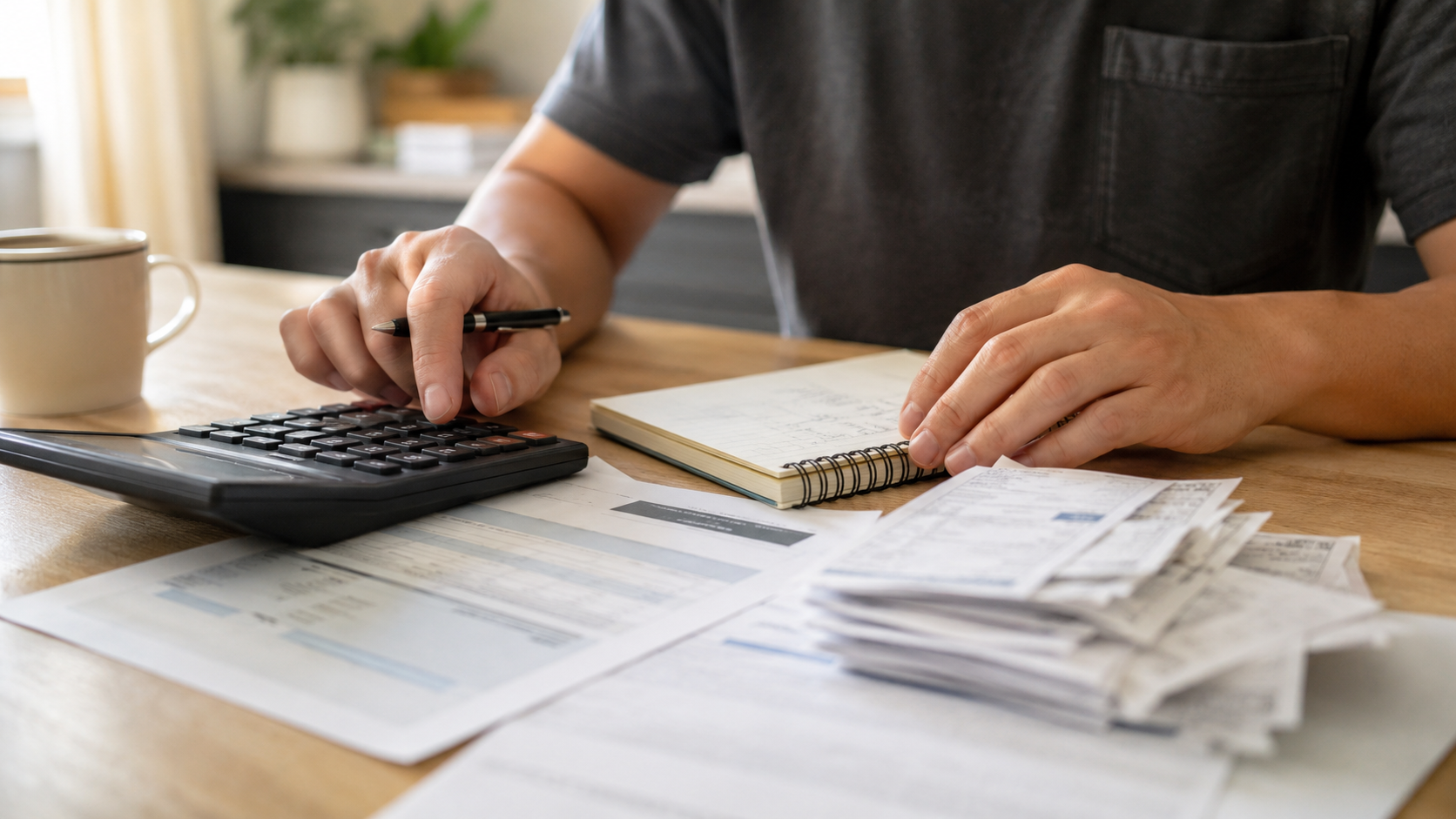 Mãos usando calculadora e organizando boletos para sair das dívidas