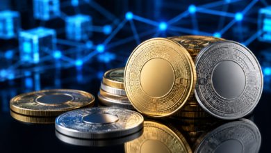 Moedas digitais e blockchain representando uma stablecoin