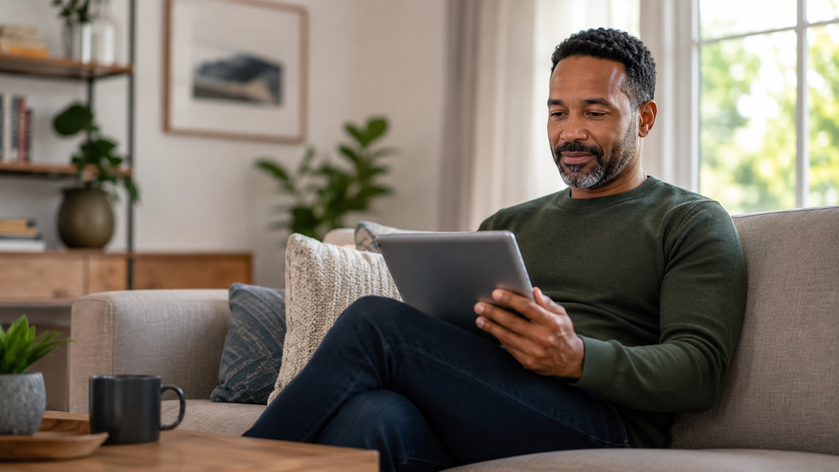Pessoa tranquila decidindo onde investir usando um tablet em casa