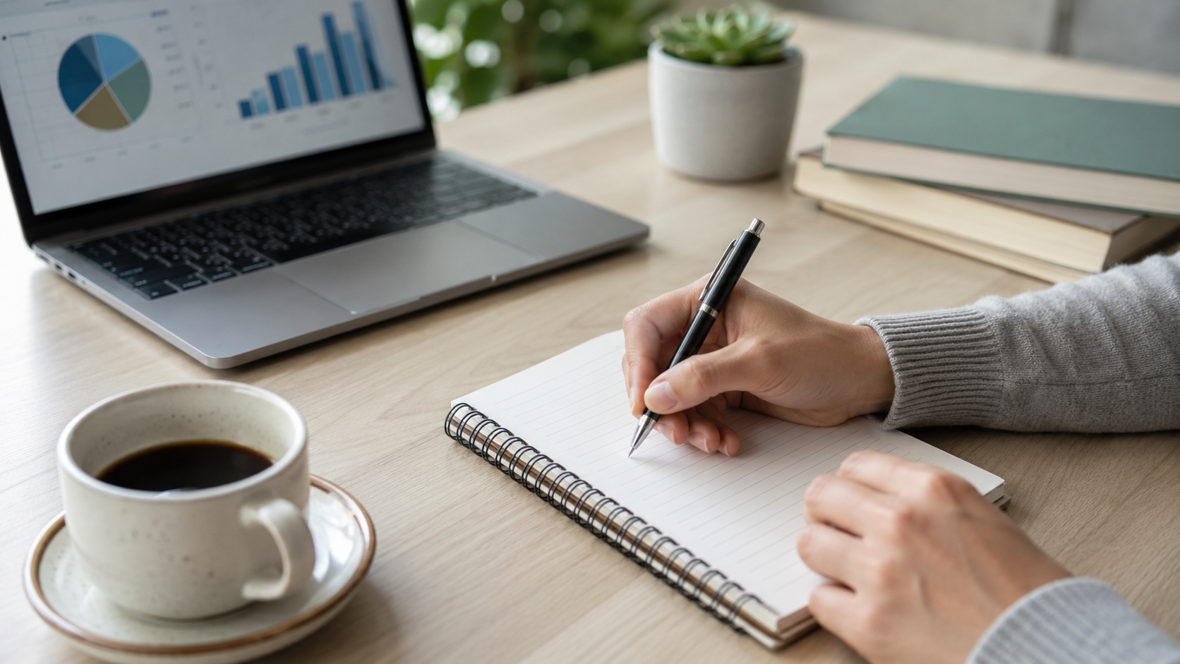 Pessoa planejando onde investir anotando metas em um caderno